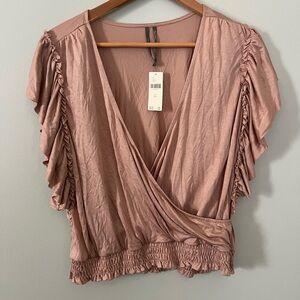 Anthropologie Mauve Surplice Flutter Sleeve Blouse with Smocked Waist • XL